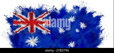 colorful flag of australia with white stars red and blue color holi paint powder explosion isolated on white background. australian  national oceania Stock Photo