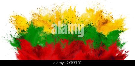 colorful flag of lithuania with yellow green and red  color holi paint powder explosion isolated on white background.  lithuanian national east europe Stock Photo