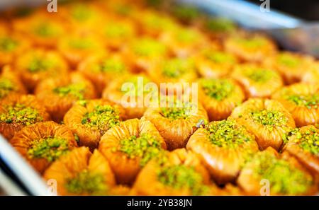 Traditional Turkish sweet dessert baklava with pistachios. Stock Photo