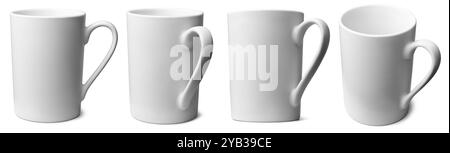 set of empty porcelain mug or cups for tea, coffee or milk isolated white background, mock-up template in different angles Stock Photo