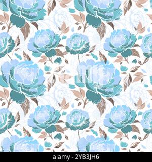 Delicate blue peonies seamless background. hand drawing. Not AI, Vector illustration Stock Vector