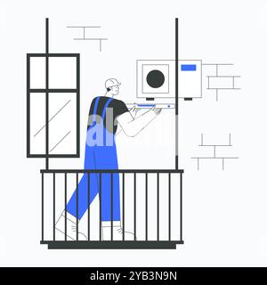 Technician installing air conditioning unit in flat vector illustration symbolizing home maintenance, repair service, and professional work, isolated Stock Vector