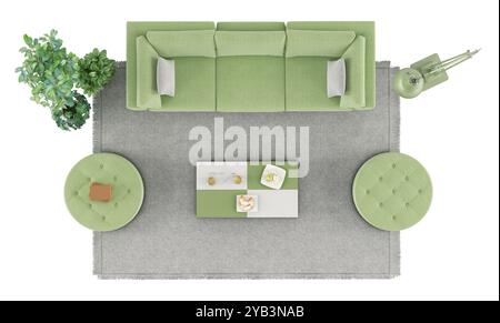 Modern living room with green sofa, poufs and plants seen from above, isolated on white- 3d rendering Stock Photo