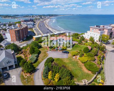 Atlantic district aerial view along the coast near Nantasket Beach in historic town center of Hull, Massachusetts MA, USA. Stock Photo