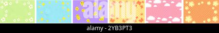 Set of funky psychedelic checkerboard pattern. Groovy funky textures. Stock vector illustration in flat style. Stock Vector