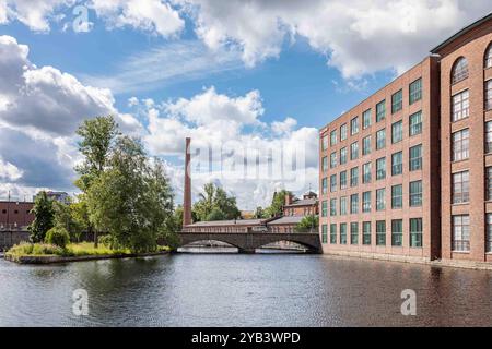 Middle reservoir of Tammerkoski Rapids with Konsulinsaari, Satakunnansilta Bridge and former Finlayson industrial area in Tampere, Finland Stock Photo