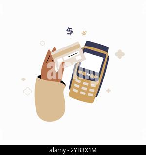 Hand holding a credit card during payment transaction symbolizing shopping, finance, and retail in flat vector illustration, isolated on white Stock Vector