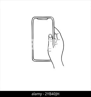 Monochrome hand holding vertically phone with white display vector isolated sketch painted by black inks. Empty spice on mobile device for any text Stock Vector