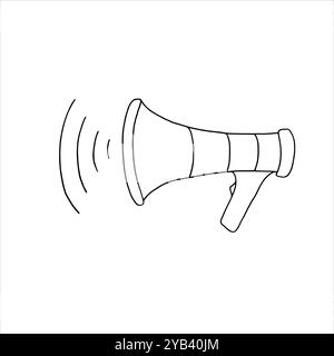 Monochrome loudspeaker with sound waves vector sketch painted by black inks. Etching drawing of sound and voice amplifier. Horn template illustration Stock Vector