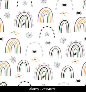 Halloween rainbow seamless pattern, simple hand drawn repeat illustration in trendy pastel colors, minimalist concept perfect for textile, celebration decor, cards, gift paper, papercraft Stock Vector