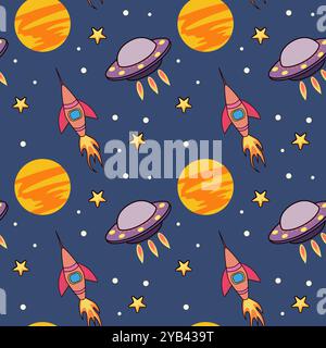 Seamless childish space galaxy pattern with spaceships and planet Mars, rocket, ufo, stars on blue background. Fantasy planets seamless pattern for Stock Vector