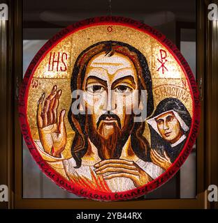 A mosaic-icon of the Merciful Jesus in the Communio Sanctorum Chapel (The Hungarian Chapel). The Divine Mercy Sanctuary in Kraków, Poland. Stock Photo