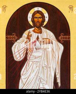 An icon of the Merciful Jesus in the Church of the Divine Mercy in Šurmanci (a village in the municipality of Čapljina and the Medjugorje parish). Stock Photo