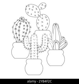 Composition of four long cacti in pots, in doodle style. Vector illustration isolated on white background. Stock Vector