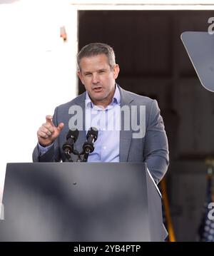 Wahsington Crossing, USA. 16th Oct, 2024. Former United States Representative Adam Kinzinger takes the stage ahead of U.S. Vice President Kamala Harris at a campaign event with a group of current and former Republicans, at Washington Crossing Historic Park in Bucks County, Pennsylvania on October 16, 2024. Photo: Matt Bishop/imageSPACE Credit: Imagespace/Alamy Live News Stock Photo