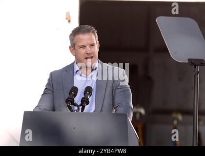 Wahsington Crossing, USA. 16th Oct, 2024. Former United States Representative Adam Kinzinger takes the stage ahead of U.S. Vice President Kamala Harris at a campaign event with a group of current and former Republicans, at Washington Crossing Historic Park in Bucks County, Pennsylvania on October 16, 2024. Photo: Matt Bishop/imageSPACE Credit: Imagespace/Alamy Live News Stock Photo