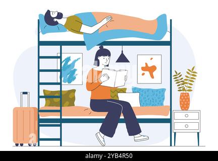 People with bunk bed. Man and woman sleep on bunk bed. People in hotel or hostel. Accomodation, travel and tourism. Linear vector illustration Stock Vector