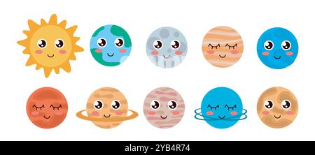 Collection of cute planets. Galaxy and universe, solar system objects. Space and cosmos. Feelings and emotions. Pack of stickers. Flat vector set Stock Vector