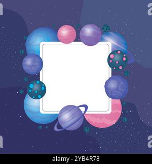 Galaxy frame with planets. Universe and solar system. Stars and constellations. Poster or banner. Place for text and picture. Cosmos and space. Flat Stock Vector