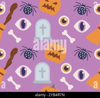 Halloween seamless pattern. Repeating design element for printing on fabric. Pumpkins, graves, bones and spiders. Holiday of fear and horror. Scary Stock Vector