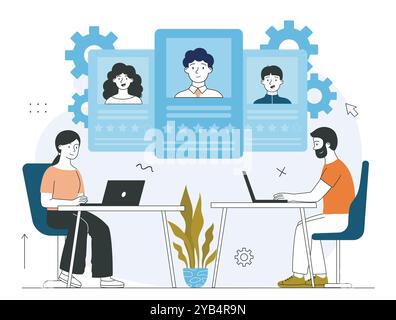 People analyzing candidates. Man and woman near list of employees. Headhunting and recruitment. HR managers analyze candidates for vacancies. Linear Stock Vector