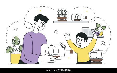 Modeling of ships. Father and son collect toy in bottle. Handmade and handicraft boat and nautical vessel with sailors. Hobby and leisure. Linear Stock Vector