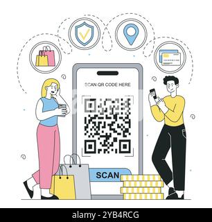 People with qr code. Man and woman near smartphone with shortened link. Barcode scanning. Payment on Internet and cashless transfers and transactions Stock Vector