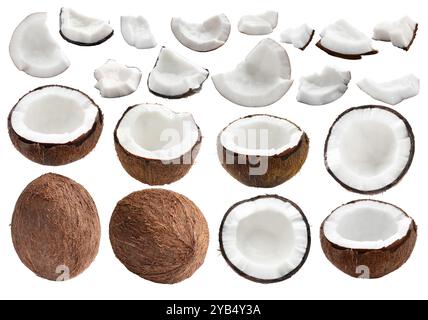 Coconuts isolated on white, collage. Whole and pieces Stock Photo