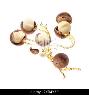 Macadamia nuts and oil in air on white background Stock Photo