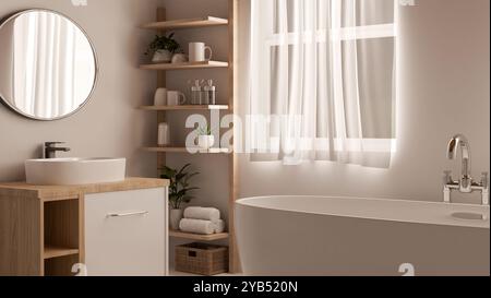 The interior design of a contemporary Japandi minimalist bathroom features a modern bathtub by the window, a washbasin with a sink, a wooden shelf, an Stock Photo