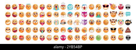 Emoji flat characters vector set. Emoticons icon collection in funny, naughty, sleepy, crying, sad facial expression collection elements isolated Stock Vector