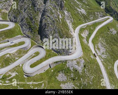 La Tremola, world-famous serpentine road through the Val Tremolo, road construction monument, Alpine pass with 24 hairpin bends. Old Gotthard Pass. Dr Stock Photo