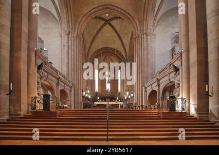 Interior view with stairs to the chancel, Gothic High Cathedral of St Martin, Mainz Cathedral, Old Town, Cathedral, Mainz, Rhine-Hesse region, Rhinela Stock Photo