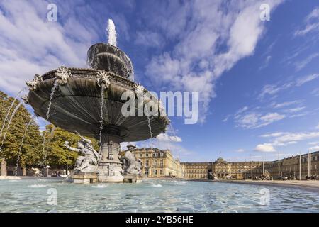 Palace square with New Palace. Fountain with fountain bowl. Place of ...