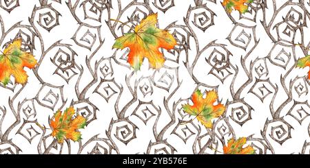 Dry black branches twisted with thorns and maple leaves pattern. Halloween watercolor illustration. Spiked and gnarled driftwood isolated from the bac Stock Photo