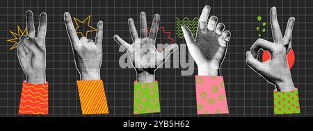 Trendy set of human hands gestures with doodle elements. Retro halftone effect. Vector elements in pop art style. Stock Vector