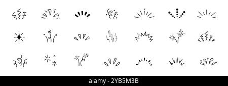Line confetti exclamation icon elements. Hand drawn confetti explosion burst ray shine line icon illustration. Spark exclamation emphasis ray twinkle starburst decoration. Vector illustration. Stock Vector