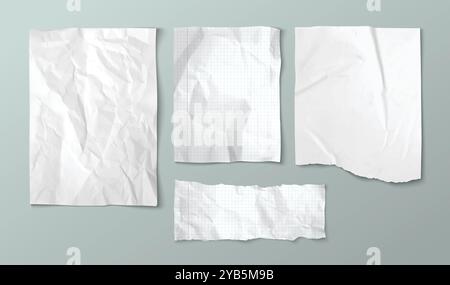 Crumpled paper sheets set isolated on background. Vector realistic illustration blank notebook pages with uneven torn edges, damaged wrinkled piece of document or letter, worn notepaper mockup Stock Vector
