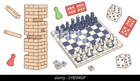Board game for family, friends and children home leisure. Cartoon vector illustration set of different boardgame elements - chess figures on checkerboard and wooden jenga tower, dice and domino pieces Stock Vector