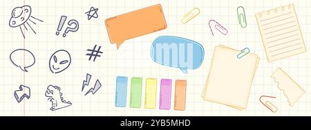 Note stickers with cute doodle elements for diary or bullet journal design. Vector set of planner or scrapbook memo frames and banners, bookmarks and paper clips, hand drawn decoration icons. Stock Vector