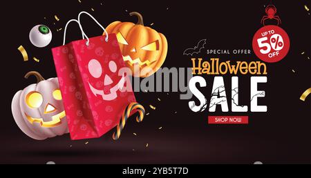 Halloween sale text vector banner design. Halloween special offer discount with shopping paper bag and pumpkins elements for flyers background. Stock Vector