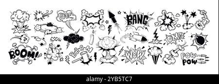 Doodle hand drawn bomb explosion with boom crash smoke effect. Comic book clouds, sound atomic fire blast with nuclear weapon, bullets, dynamite icon. Speech bubbles with words pow, wow, bang, poof Stock Vector