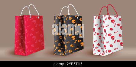 Halloween bags shopping vector set design. Halloween gift paper bag in skull pattern elements for shopping bags collection. Vector illustration trick Stock Vector