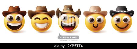 Emojis cowboy emoticon characters vector set. Emoji emoticon facial expression in happy, cool, smiling, funny, enjoy and naughty sheriff wearing hat Stock Vector