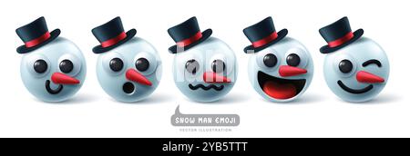 Christmas emoji snowman character vector set. Christmas snow man emojis and emoticons characters for xmas winter holiday season design. Stock Vector