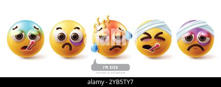 Emoji sick emoticon characters vector set. Emoticons emojis character with illness, flu, fever, colds, injured and nauseous face icon collection. Stock Vector
