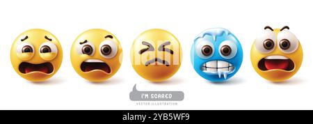Emoji scared emoticon characters set. Emojis emoticons in afraid, frightened, shocked, frozen, worried and afraid facial expression character elements Stock Vector