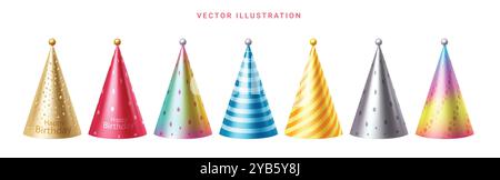 Birthday party hats vector set design. Colorful hat with pattern like glitter, dots, spiral and stars elements for birthday celebration realistic Stock Vector