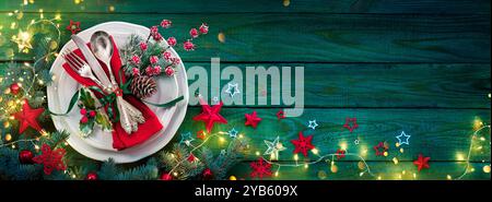 Christmas Dinner - Table Setting With Silverware And Decorations for Menu. Stock Photo