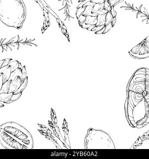 Artichoke, salmon, lemon, asparagus and pepper black and white frame hand drawn with ink.  Stock Vector